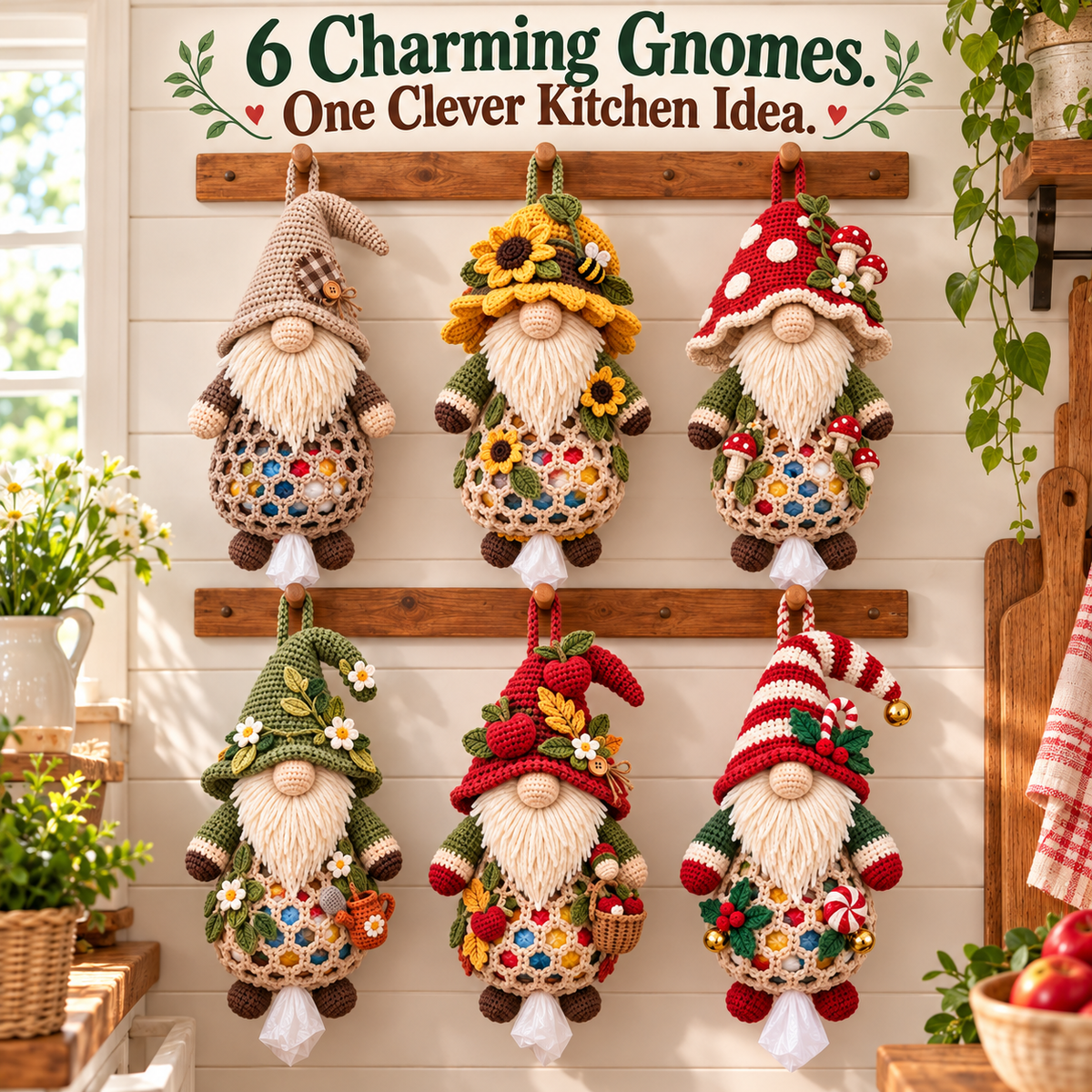 Six crochet gnome bag holder designs displayed on kitchen wall hooks