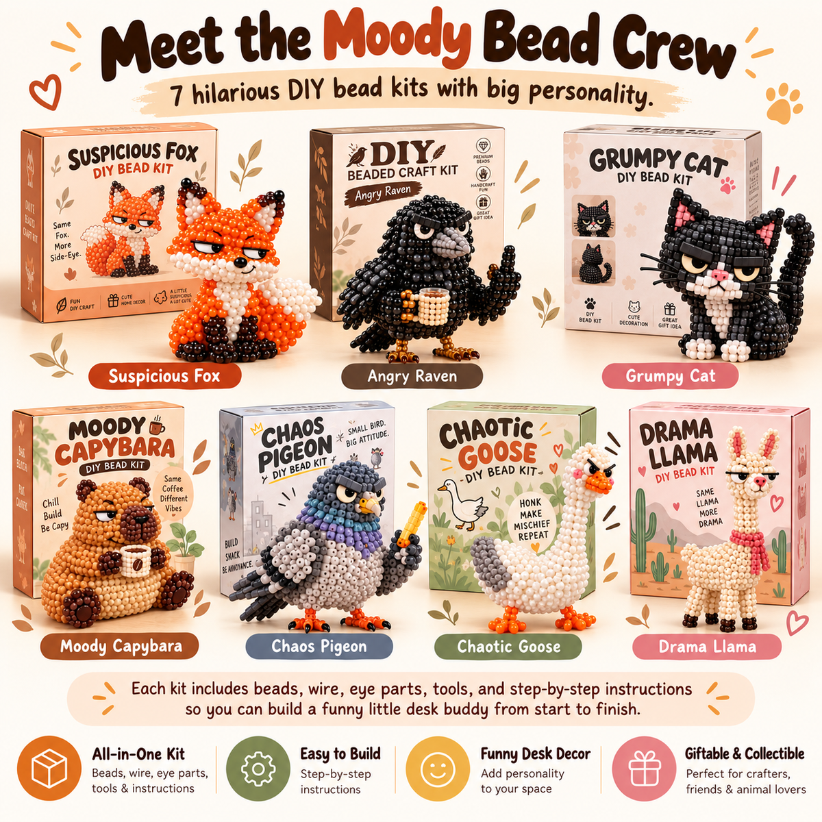 😂🐾Funny Animal DIY Bead Kit – Build Your Own Moody & Chaotic Creatures 🦊🦙