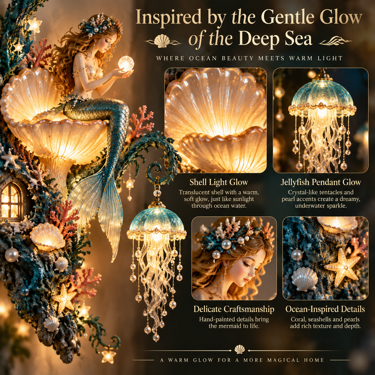 Mermaid Pearl Wall Light glowing details