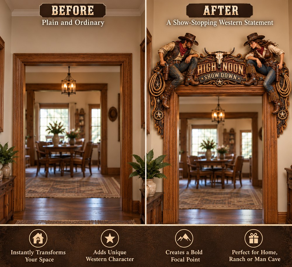 Side-by-side doorway styling comparison before and after adding High Noon Showdown