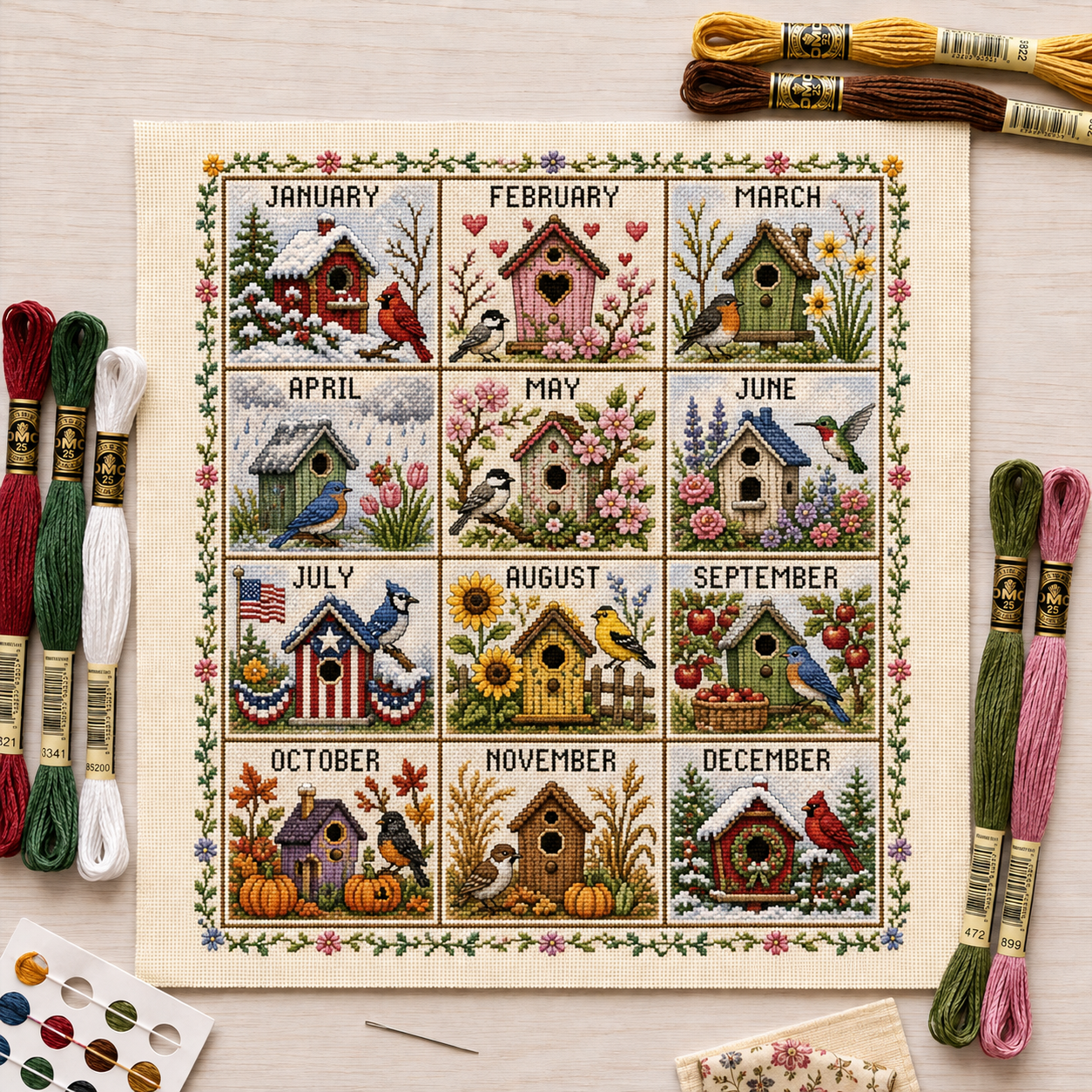 🧵 A Year in Stitches | 12-Month Seasonal Cross Stitch Kit 🌿