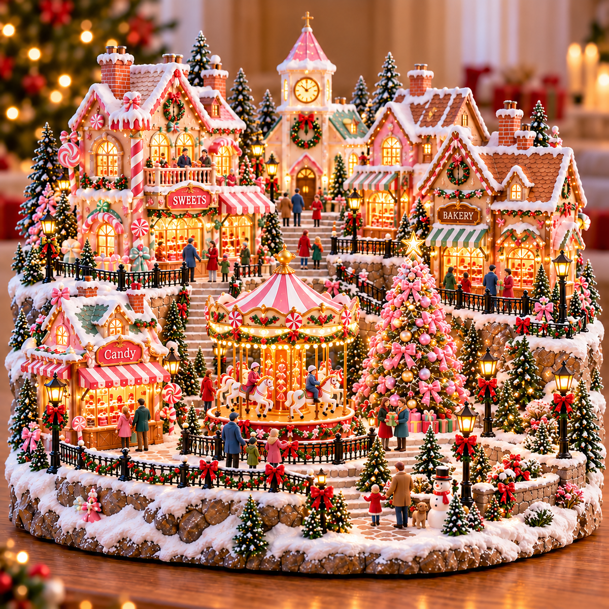 Candy Glow Christmas Market with pink carousel, snowy shops and Christmas tree