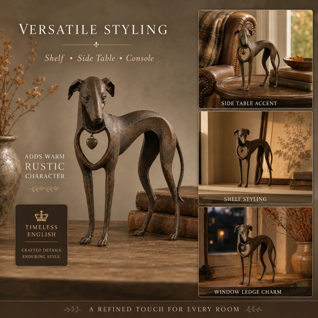 🐕 Heritage Heart Sighthound Sculpture – Vintage Iron Dog Accent for Timeless Interiors