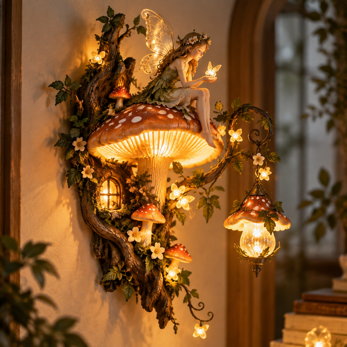 Enchanted Mushroom Fairy Wall Light glowing on wall
