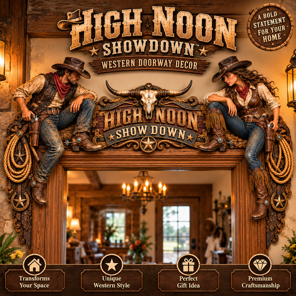High Noon Showdown western doorway decor with cowboy, center sign and cowgirl