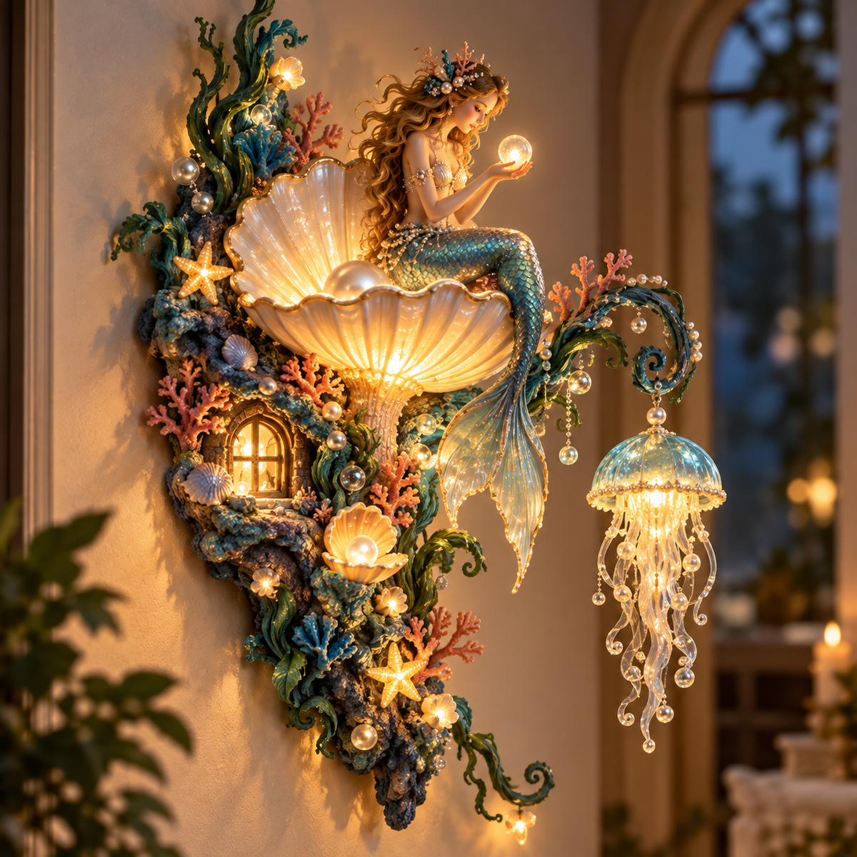 Mermaid Pearl Wall Light glowing at night