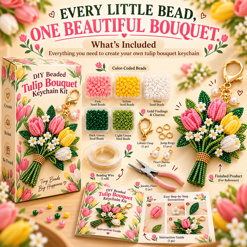 Tulip DIY beaded bouquet kit with pink yellow and white tulips