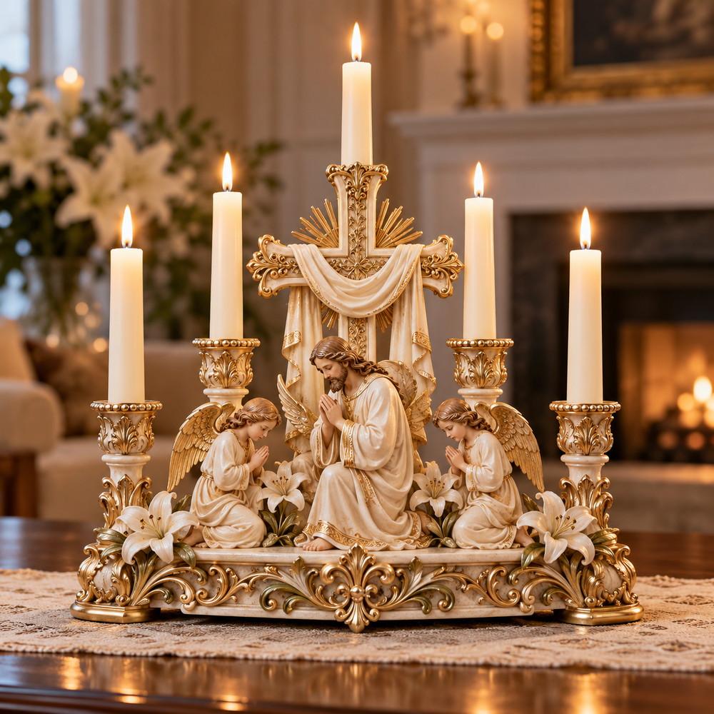 Christ-centered Christian candleholder with cross and praying angels