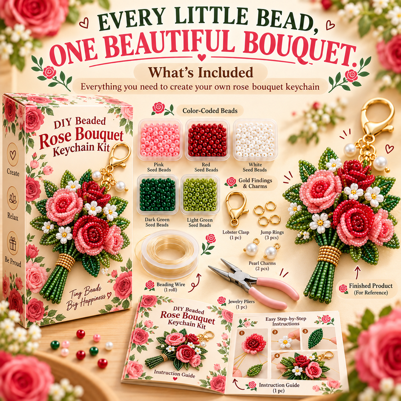 Rose DIY beaded bouquet kit with pink and red rose flowers