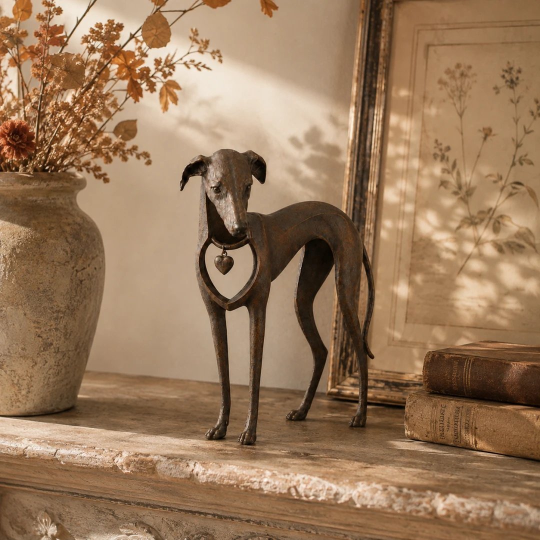 🐕 Heritage Heart Sighthound Sculpture – Vintage Iron Dog Accent for Timeless Interiors
