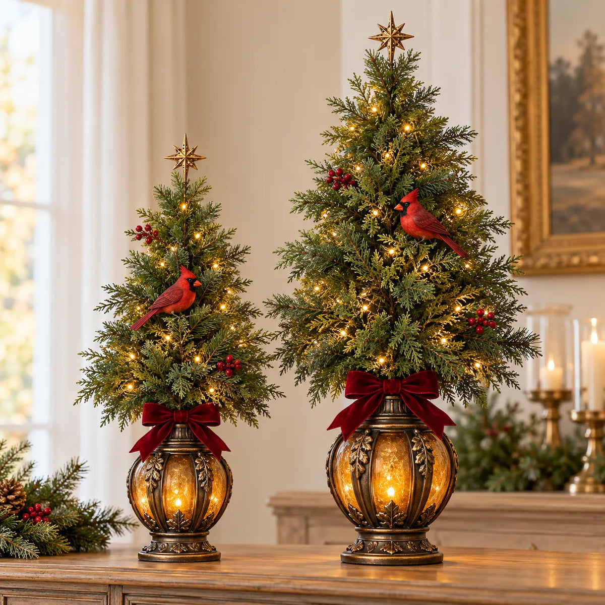 🔥Last Day 50% OFF -🎄 Vintage Cardinal Lantern Christmas Trees ✨ Warm Lighted Holiday Decor