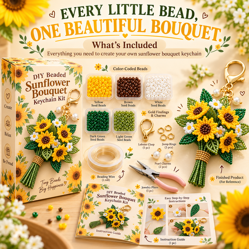 Sunflower DIY beaded bouquet kit with yellow beads, wire, findings and illustrated guide