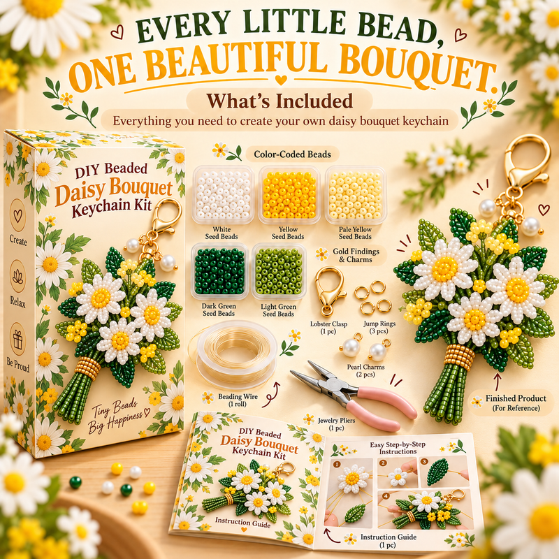 Daisy DIY beaded bouquet kit with white petals and yellow centers