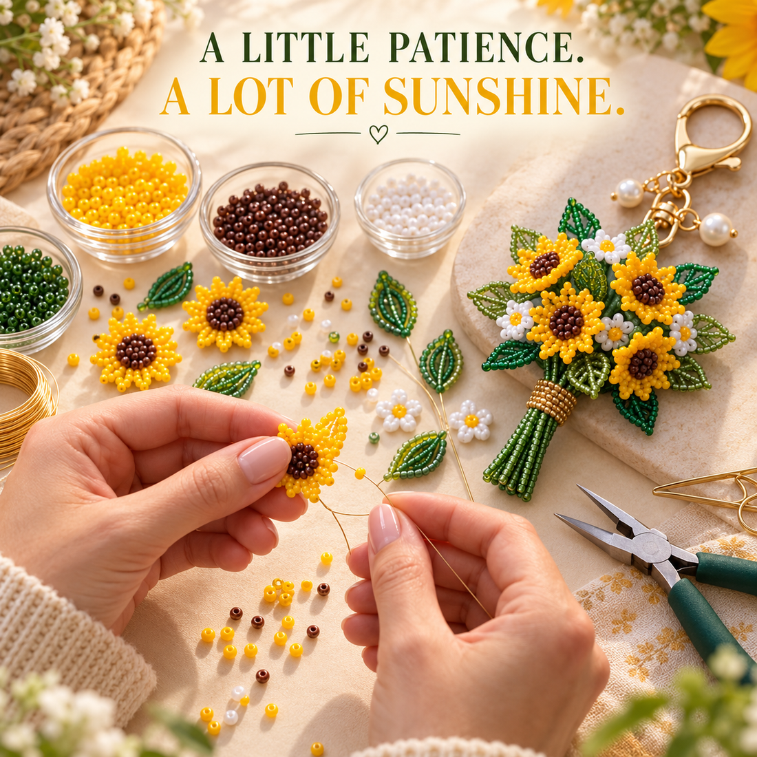 Hands threading yellow seed beads to create a sunflower bouquet keychain